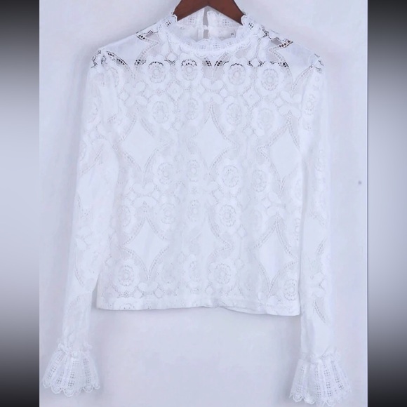 Boho Sheer Mesh Mock Neck Long Sleeve Top Blouse Shirt - Picture 4 of 4